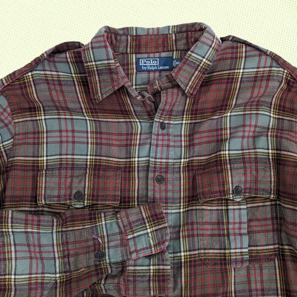 Polo Ralph Lauren Flannel Button Up Shirt Men's XL Plaid Epaulets